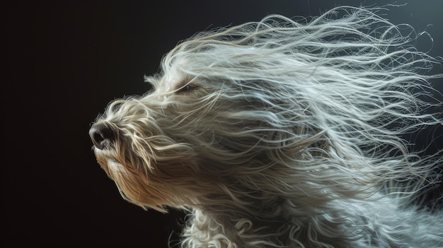 Um cão com cabelo longo, casaco de cão em fundo escuro.