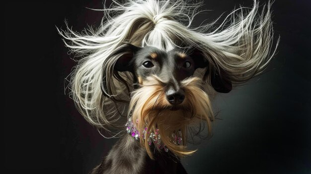 Um cão com cabelo longo, casaco de cão em fundo escuro.