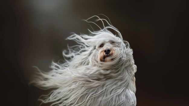 Um cão com cabelo longo, casaco de cão em fundo escuro.