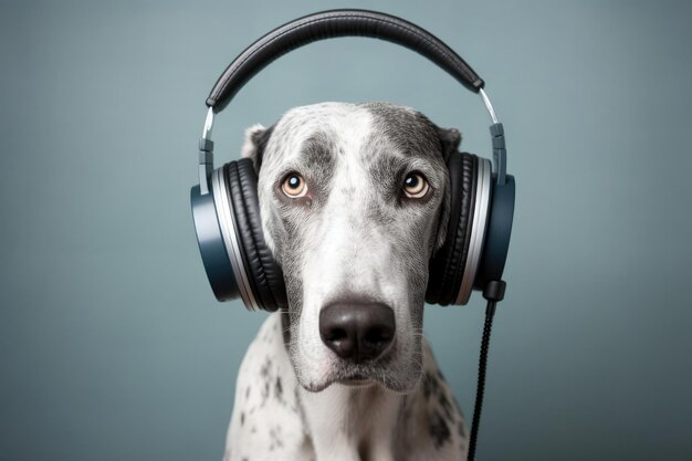 Um cão com fones de ouvido escuta música de forma bonita.