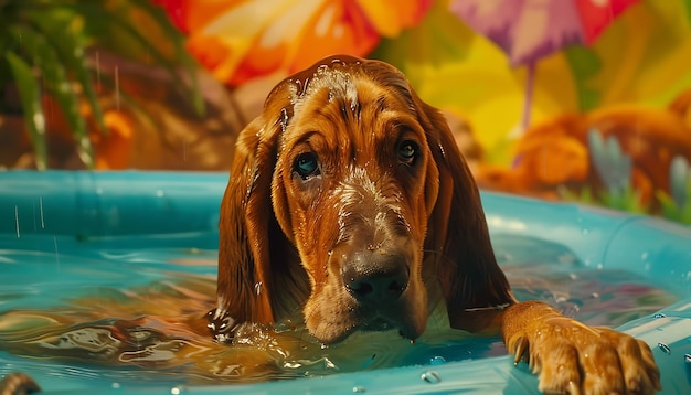 Um cão com o rosto molhado está na água.