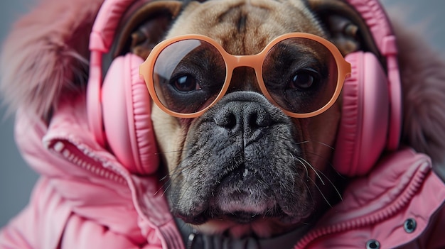 Um cão com óculos cor-de-rosa e fones de ouvido em uma jaqueta rosa ouve música