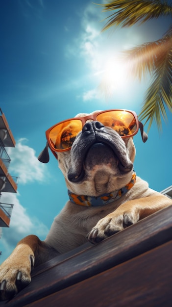 Um cão com óculos de sol de moda está deitado no telhado viajando na praia