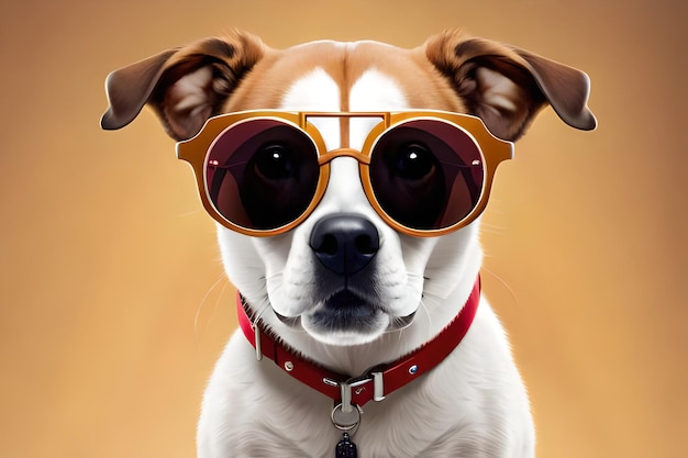 Um cão com óculos de sol e um colar vermelho com a palavra cão.