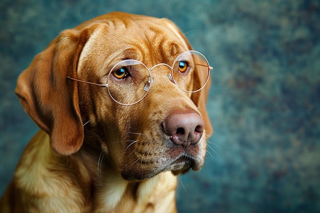 Um cão com óculos está olhando para a câmera