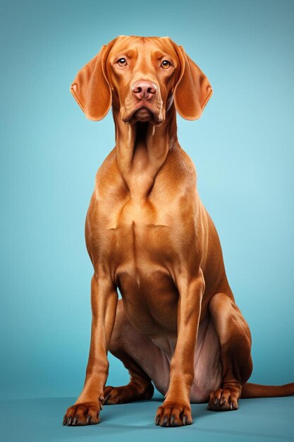 Foto um cão com orelhas grandes está sentado em um fundo azul