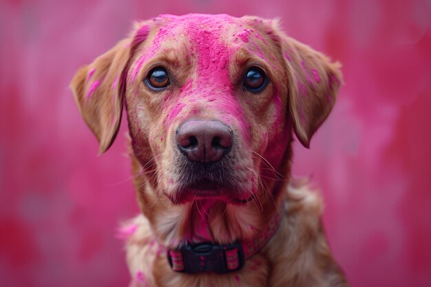 Um cão com tinta rosa no rosto participando do Festival de Cores de Holi