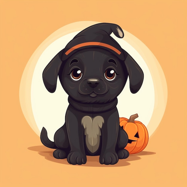 um cão com um chapéu de Halloween e uma abóbora