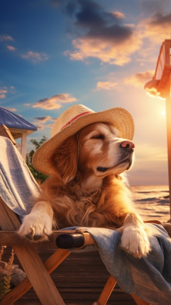 Um cão com um chapéu está deitado no telhado viajando na praia