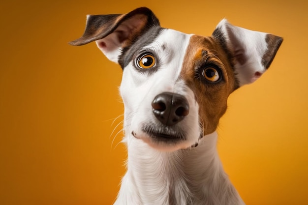 Um cão com um fundo amarelo