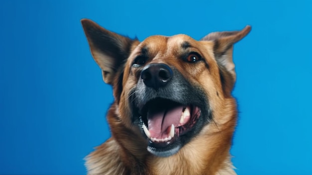 Um cão com um fundo azul