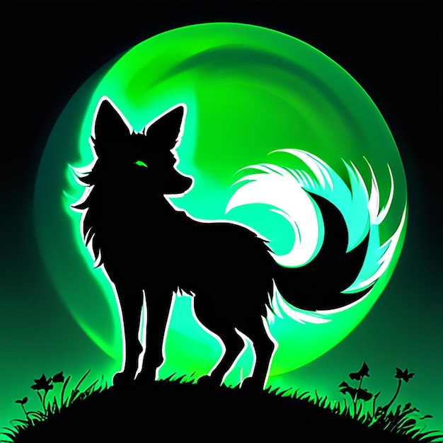 um cão com um fundo preto com um fundo verde com um fundo negro com uma lua verde no fundo