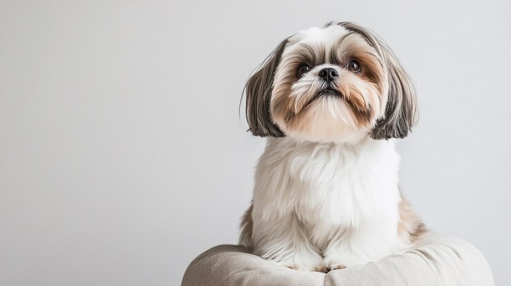 Foto um cão com um nariz castanho e um rosto branco e um fundo branco