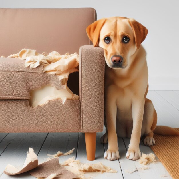 Um cão com um olhar culpado perto de um sofá arruinado