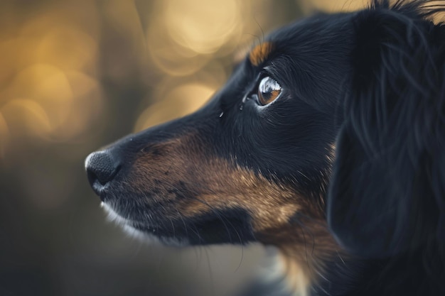 um cão com um olho castanho e um nariz preto