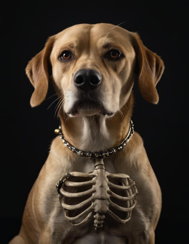 Foto um cão com um osso no peito