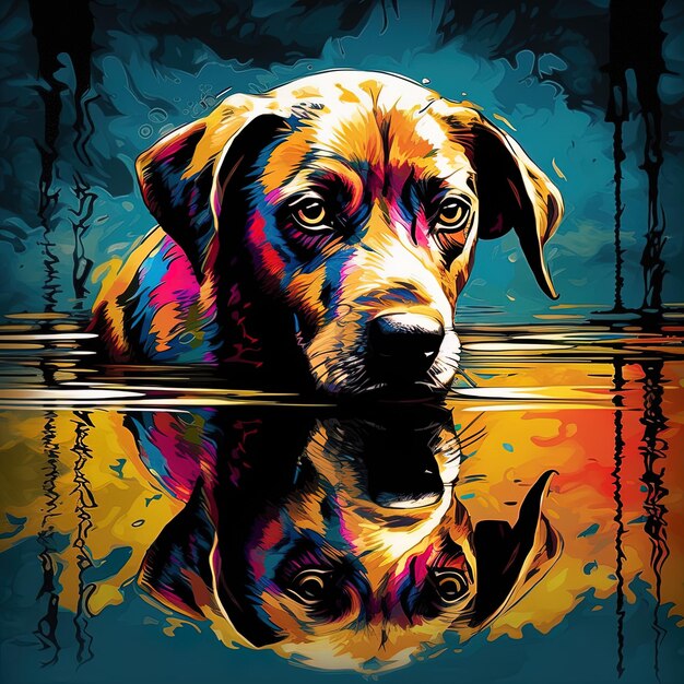 um cão com um reflexo na água e o reflexo dele
