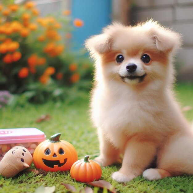 Foto um cão com um rosto de abóbora e uma abóbora na grama