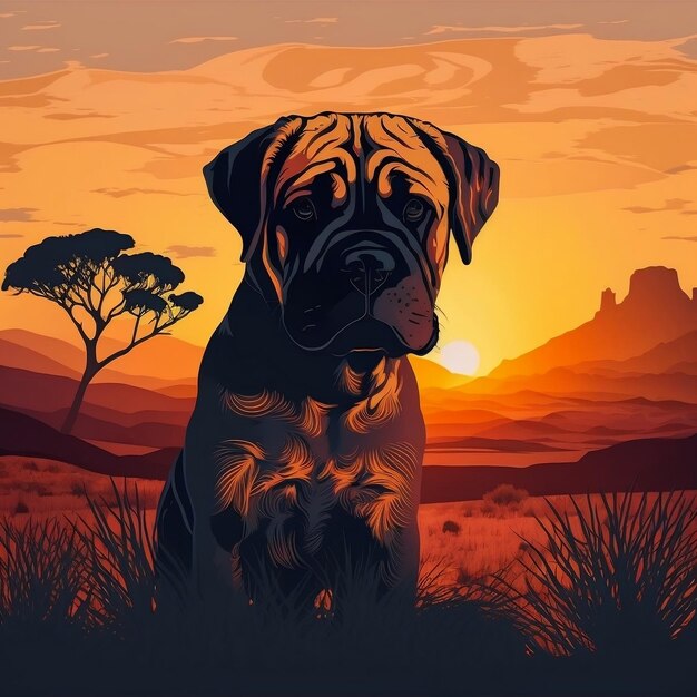 Foto um cão com um rosto preto e um pôr-do-sol no fundo