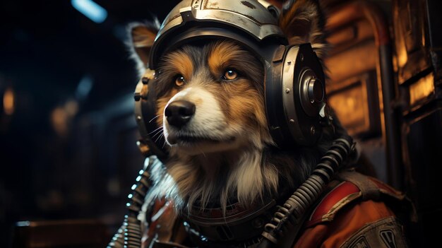 Foto um cão com um traje de astronauta na nave espacial