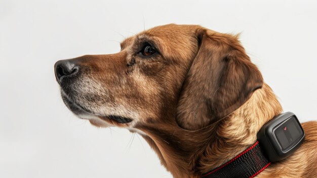 Um cão com uma coleira de perto