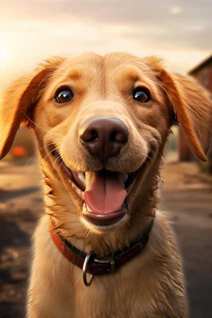 Um cão com uma coleira que diz cão feliz