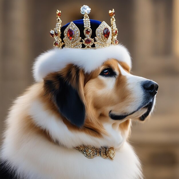 Foto um cão com uma coroa que diz 