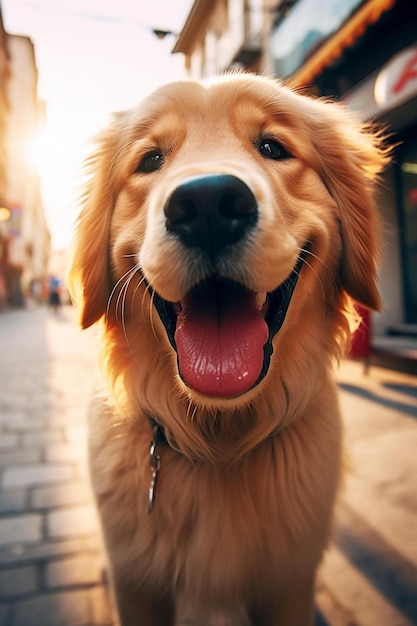 Um cão com uma etiqueta que diz cão feliz