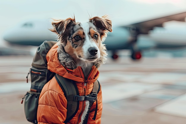 Um cão com uma mochila em uma jaqueta laranja no fundo de um avião