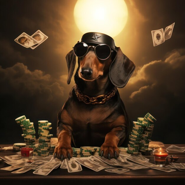 Foto um cão como um croupier em uma mesa de jogo