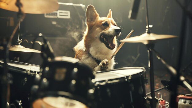 Foto um cão corgi bonito e talentoso está tocando a bateria como um profissional