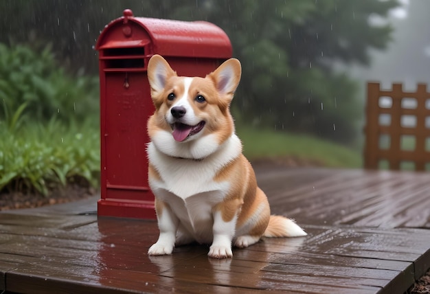 Um cão corgi sentado em um caminho de madeira na chuva com uma caixa de correio vermelha ao fundo e água caindo
