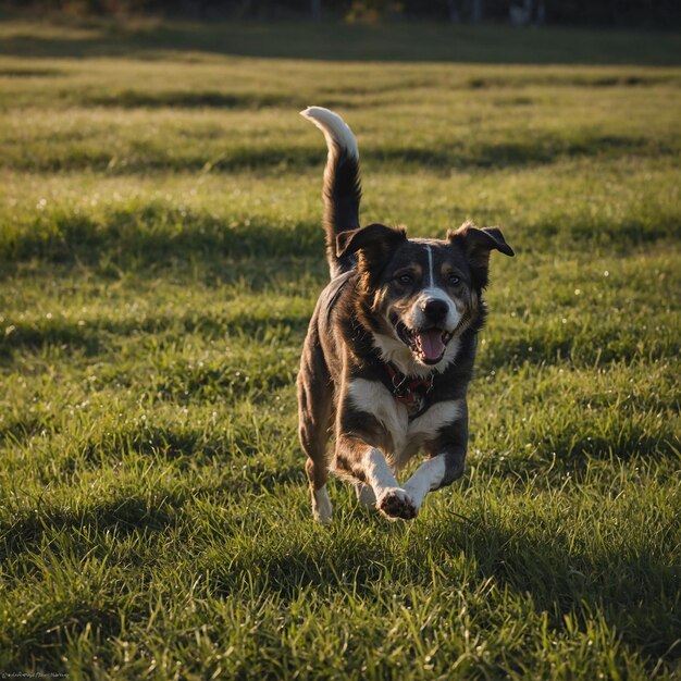 Foto um cão correndo em um campo com a palavra cão nele