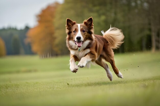 Um cão correndo em um campo com árvores ao fundo.