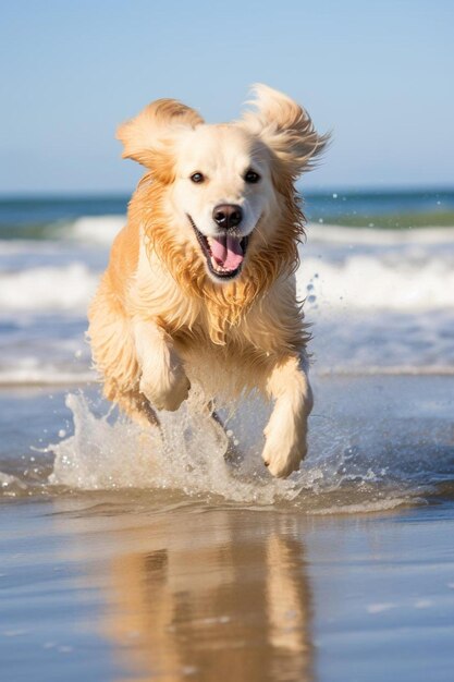 um cão correndo na água com o nome de cão nele