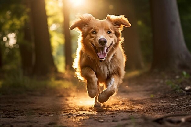 Foto um cão correndo na floresta com o sol brilhando através das árvores