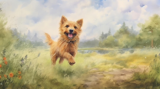 um cão correndo na grama com um fundo de céu