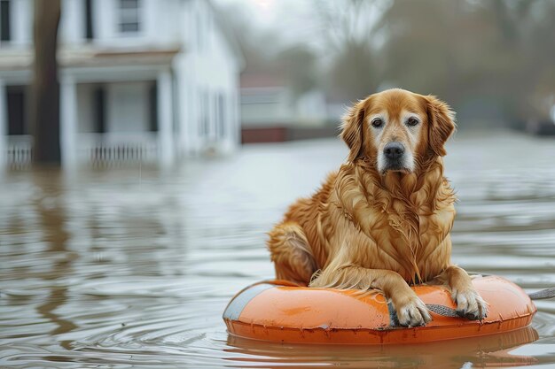 Foto um cão da raça canidae com um casaco castanho senta-se em um colete salva-vidas na água