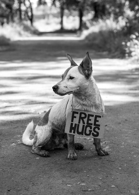 Um cão da raça Jack Russell Terrier fica meio virado na floresta em um caminho com uma placa de papelão