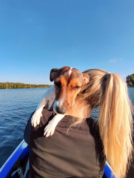 Um cão da raça Jack Russell terrier olha por trás do ombro de uma mulher loira