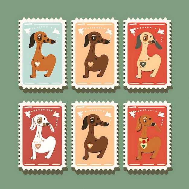 Foto um cão dachshund colorido com um terno de cachorro-quente vestindo um pão e olhando para a ideia da coleção de selos de animais