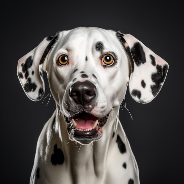 Um cão dálmata com um fundo preto e um fundo preto.