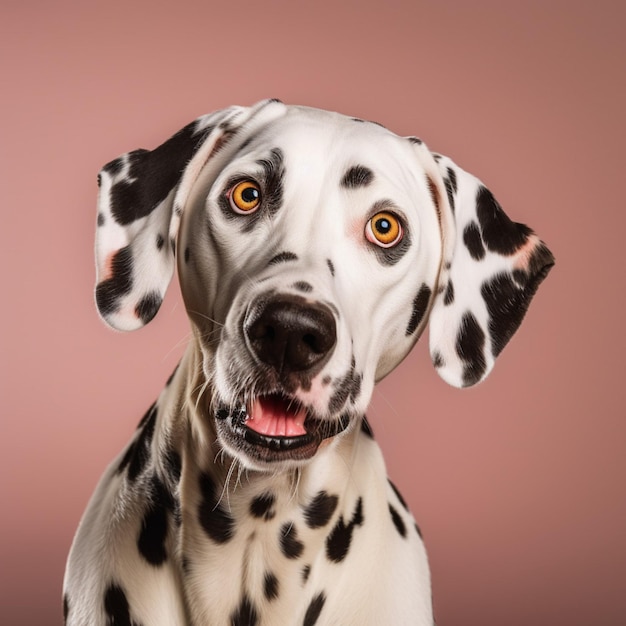 Um cão dálmata com um fundo rosa.