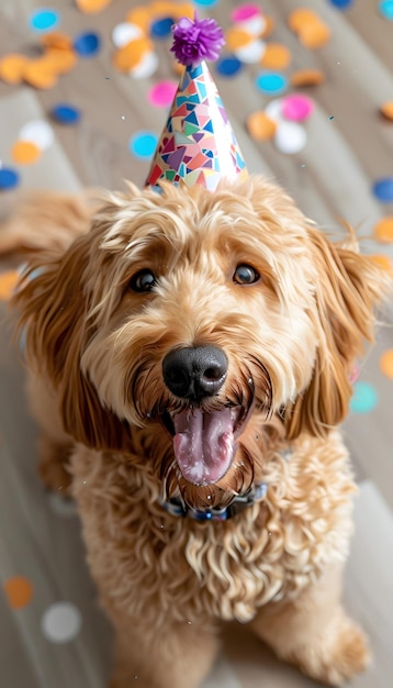 Um cão de água vestindo um chapéu de festa senta-se em meio a confete em um evento