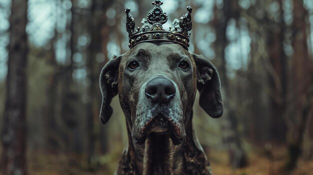 Um cão de aparência majestosa com uma coroa na cabeça está sentado em uma floresta escura o cão está olhando para a câmera com uma expressão séria