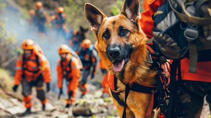 Foto um cão de busca e resgate do pastor alemão com seu treinador pronto para trabalhar com uma equipe de resgatadores na floresta