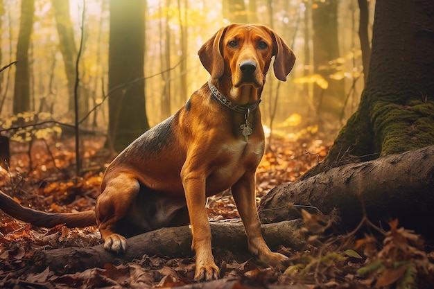 Foto um cão de caça na floresta