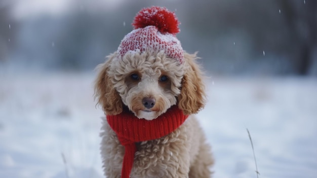 Um cão de chapéu senta-se na neve