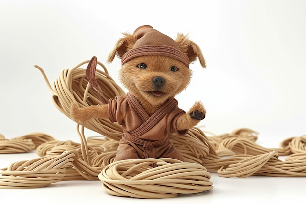 Foto um cão de desenho animado 3d vestido com uma roupa de kung fu brincando em uma postura de macarrão