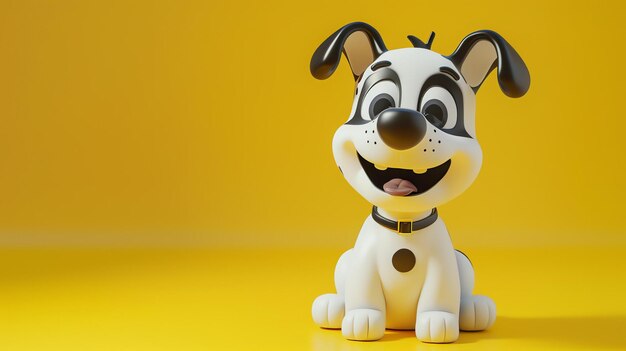 Um cão de desenho animado bonito e feliz está sentado em um fundo amarelo o cão tem pêlo preto e branco um nariz preto e um grande sorriso no rosto